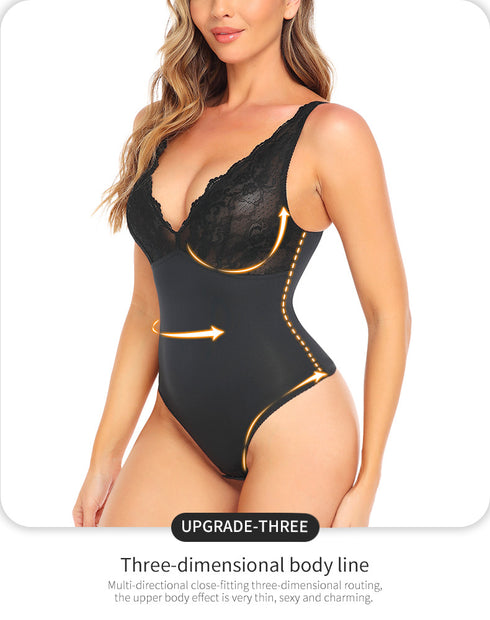 Shapewear for Women V Neck Lace Stitching Bodysuit One Piece Thong Body Shaper Top