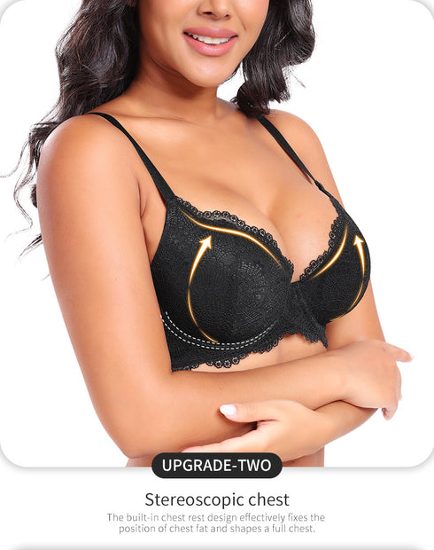 French Style Plus Size Lace Bra - Ice Silk Push-Up Adjustable Straps Embroidery