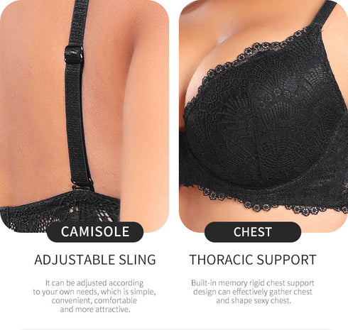 French Style Plus Size Lace Bra - Ice Silk Push-Up Adjustable Straps Embroidery