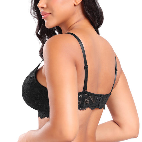 French Style Plus Size Lace Bra - Ice Silk Push-Up Adjustable Straps Embroidery