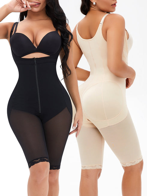 Womens Shapewear Tummy Control Zipper Body Shaper Bodysuit Butt Lift Shorts Knee Length