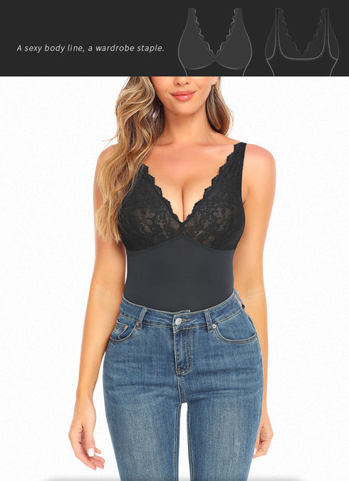 Shapewear for Women V Neck Lace Stitching Bodysuit One Piece Thong Body Shaper Top
