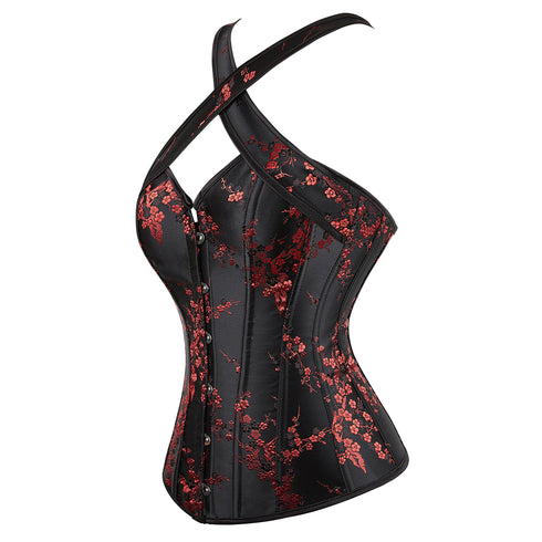 Women's Satin Floral Lace up Trim Overbust Corset Bustier Plus Size Bodyshaper Top