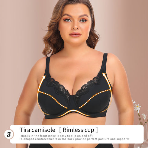 Women's Lace Underwire Support Minimizer Bras Back Smoothing Classic Push Up Bra