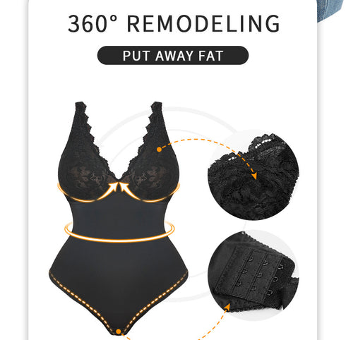 Shapewear for Women V Neck Lace Stitching Bodysuit One Piece Thong Body Shaper Top