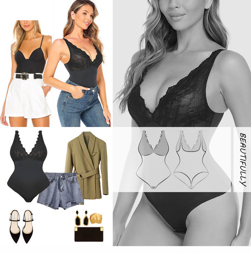 Shapewear for Women V Neck Lace Stitching Bodysuit One Piece Thong Body Shaper Top