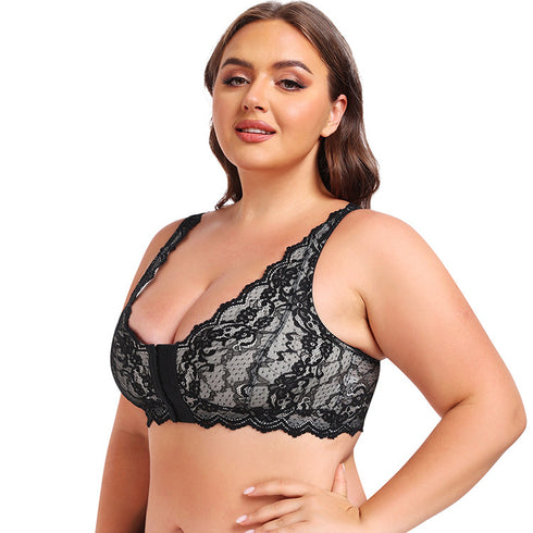 Women's Plus Size Front Closure Wireless Bralette Contrast Lace Scallop Trim Bras