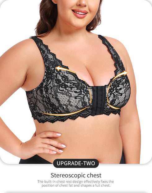 Women's Plus Size Front Closure Wireless Bralette Contrast Lace Scallop Trim Bras