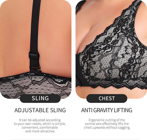 Women's Plus Size Front Closure Wireless Bralette Contrast Lace Scallop Trim Bras