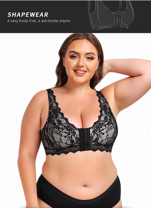 Women's Plus Size Front Closure Wireless Bralette Contrast Lace Scallop Trim Bras