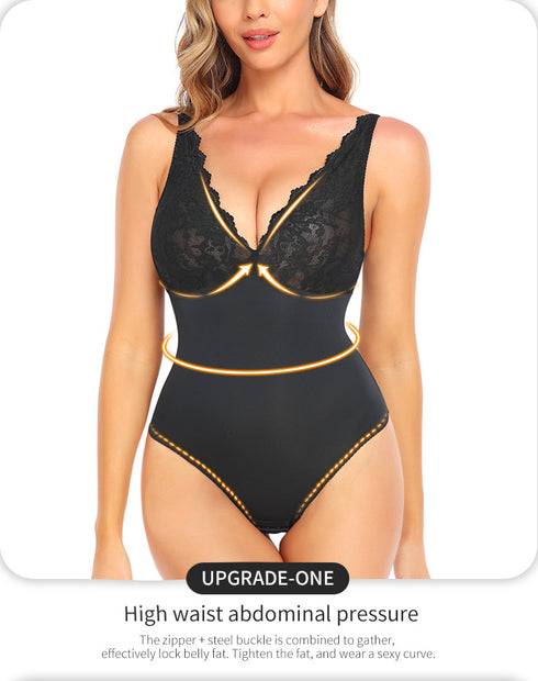 Shapewear for Women V Neck Lace Stitching Bodysuit One Piece Thong Body Shaper Top