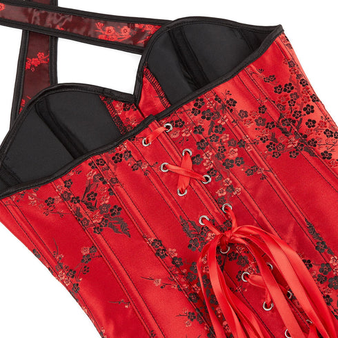 Women's Satin Floral Lace up Trim Overbust Corset Bustier Plus Size Bodyshaper Top
