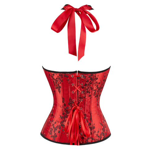Women's Satin Floral Lace up Trim Overbust Corset Bustier Plus Size Bodyshaper Top