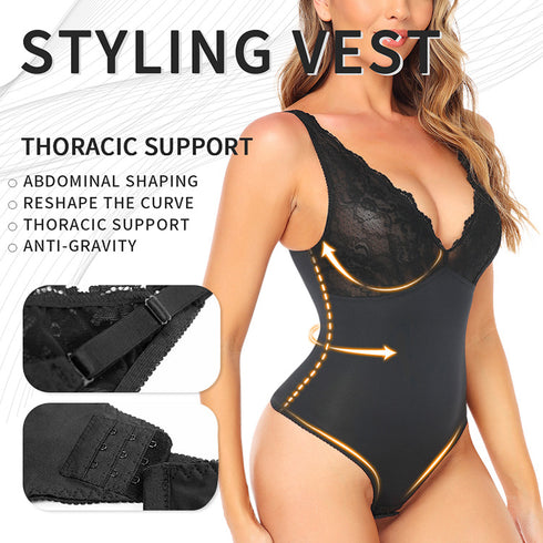 Shapewear for Women V Neck Lace Stitching Bodysuit One Piece Thong Body Shaper Top