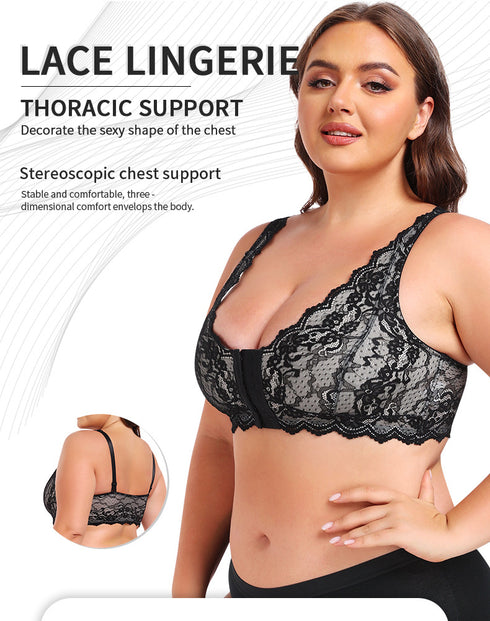 Women's Plus Size Front Closure Wireless Bralette Contrast Lace Scallop Trim Bras
