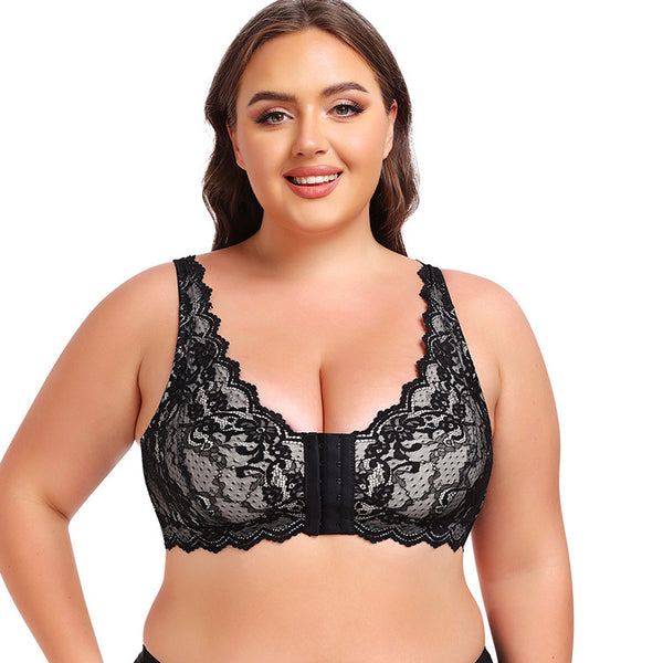 Women's Plus Size Front Closure Wireless Bralette Contrast Lace Scallop Trim Bras