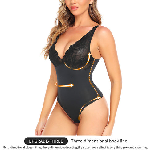 Shapewear for Women V Neck Lace Stitching Bodysuit One Piece Thong Body Shaper Top
