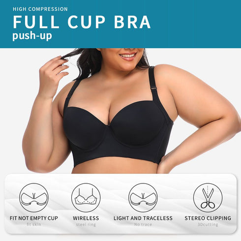 Plus Size Push Up Bras with Back Fat Coverage Seamless T-Shirt Bra 34B to 46D