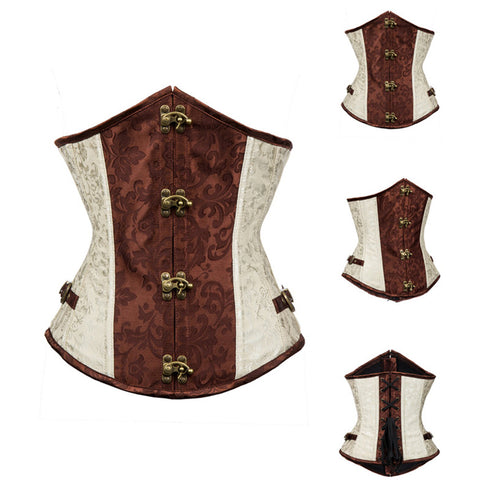 Renaissance Ivory Brown Steel Boned Steampunk Buckles Corset