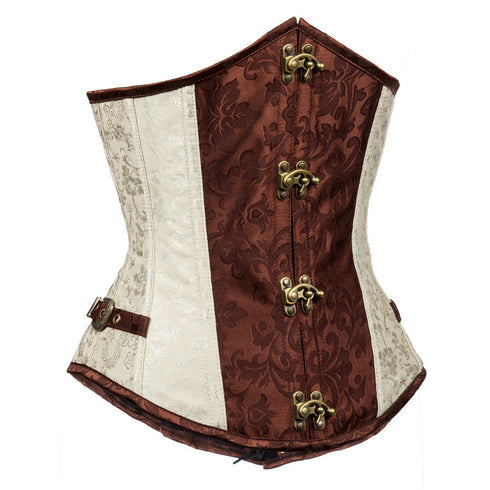 Renaissance Ivory Brown Steel Boned Steampunk Buckles Corset