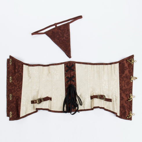 Renaissance Ivory Brown Steel Boned Steampunk Buckles Corset
