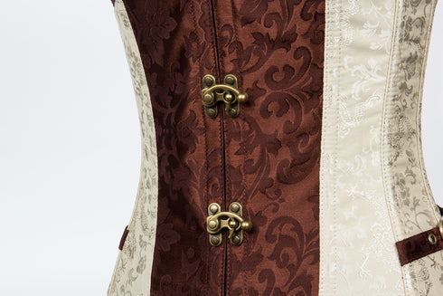 Renaissance Ivory Brown Steel Boned Steampunk Buckles Corset