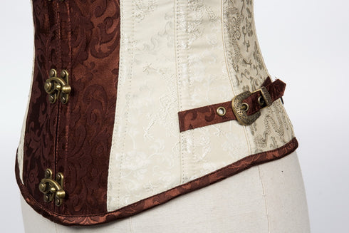 Renaissance Ivory Brown Steel Boned Steampunk Buckles Corset