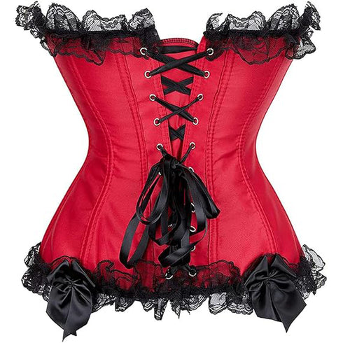 Satin Lace Trim Strapless Bustier Overbust Corset