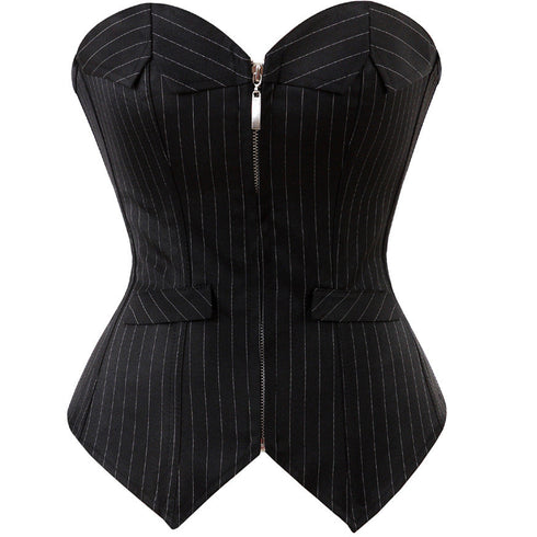 Sexy Pinstripe Denim OL Style Stripe Overbust Corset