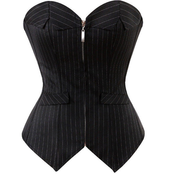 Sexy Pinstripe Denim OL Style Stripe Overbust Corset
