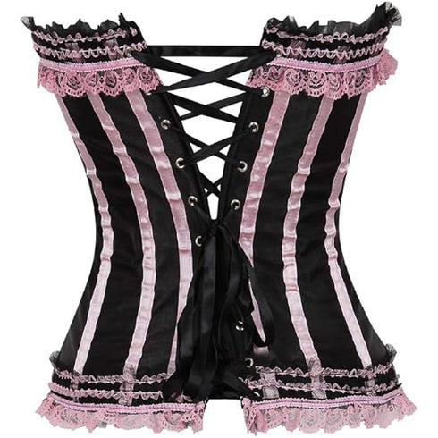 Stripe Bowknot Satin Lace Trim Bodice Overbust Corset