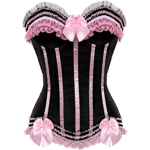 Stripe Bowknot Satin Lace Trim Bodice Overbust Corset