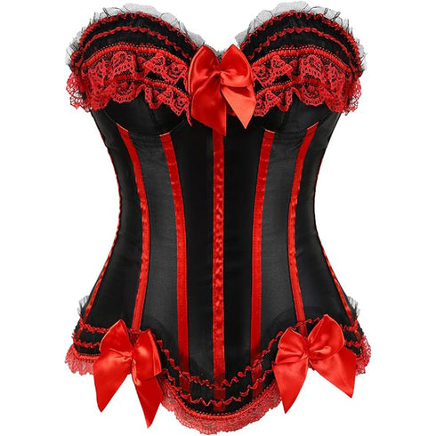 Stripe Bowknot Satin Lace Trim Bodice Overbust Corset