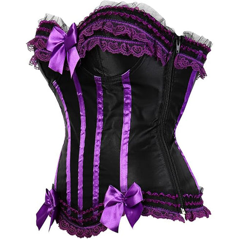 Stripe Bowknot Satin Lace Trim Bodice Overbust Corset