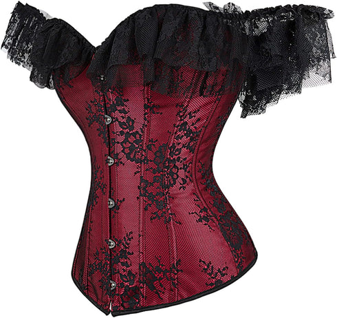 Women Corset Top with Lace Sleeve Bustier Waist Cincher Costume Tops