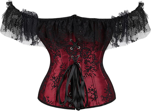 Women Corset Top with Lace Sleeve Bustier Waist Cincher Costume Tops