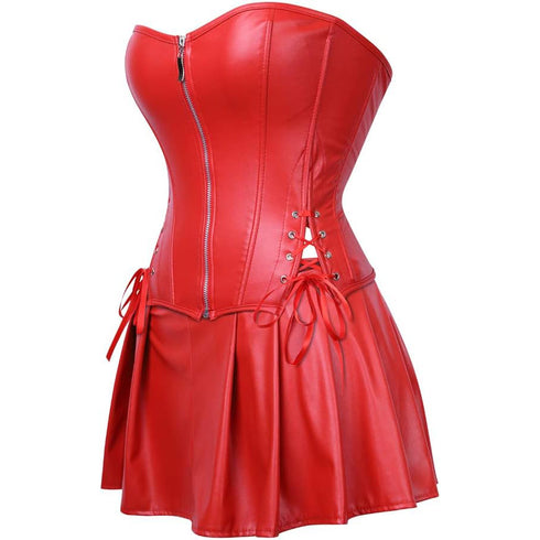 Women Faux Leather Gothic Punk Zipper Corset Bustier with Skirt