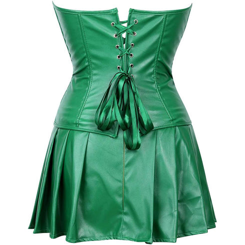 Women Faux Leather Gothic Punk Zipper Corset Bustier with Skirt