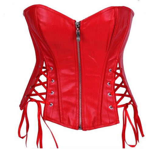 Women Faux Leather Gothic Punk Zipper Corset Bustier with Skirt