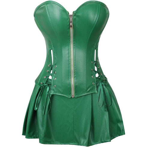 Women Faux Leather Gothic Punk Zipper Corset Bustier with Skirt