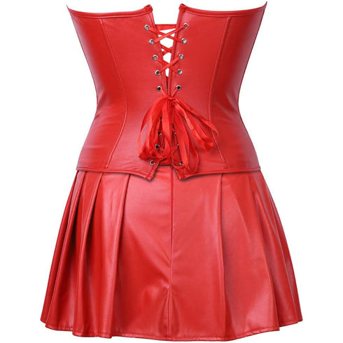 Women Faux Leather Gothic Punk Zipper Corset Bustier with Skirt