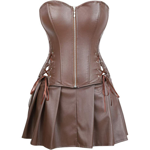 Women Faux Leather Gothic Punk Zipper Corset Bustier with Skirt