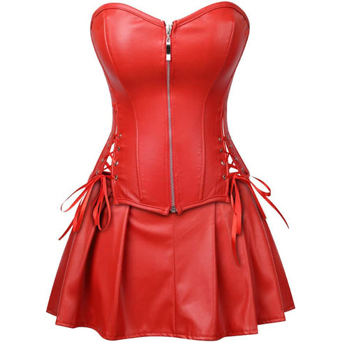 Women Faux Leather Gothic Punk Zipper Corset Bustier with Skirt