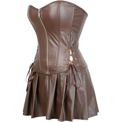 Women Faux Leather Gothic Punk Zipper Corset Bustier with Skirt