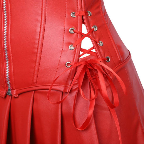 Women Faux Leather Gothic Punk Zipper Corset Bustier with Skirt