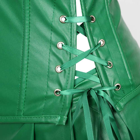 Women Faux Leather Gothic Punk Zipper Corset Bustier with Skirt