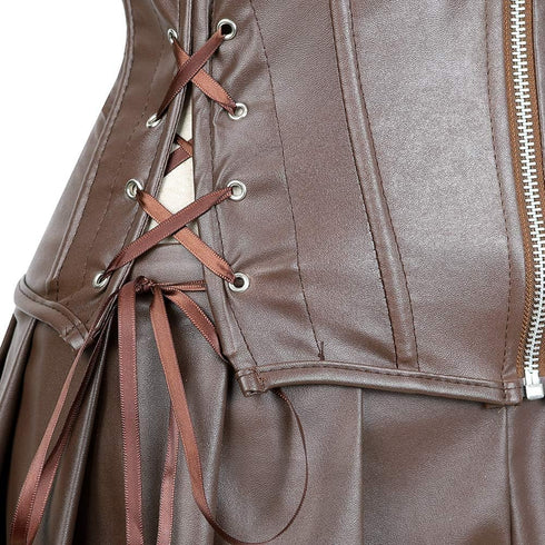 Women Faux Leather Gothic Punk Zipper Corset Bustier with Skirt
