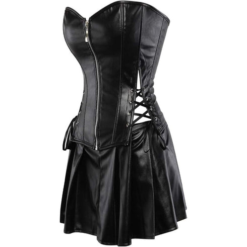 Women Faux Leather Gothic Punk Zipper Corset Bustier with Skirt