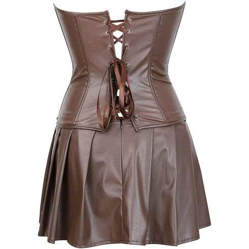 Women Faux Leather Gothic Punk Zipper Corset Bustier with Skirt