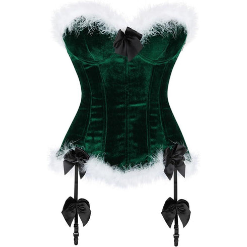Women's Christmas Feather Velvet Santa Costume Bustier Corset Top Garter